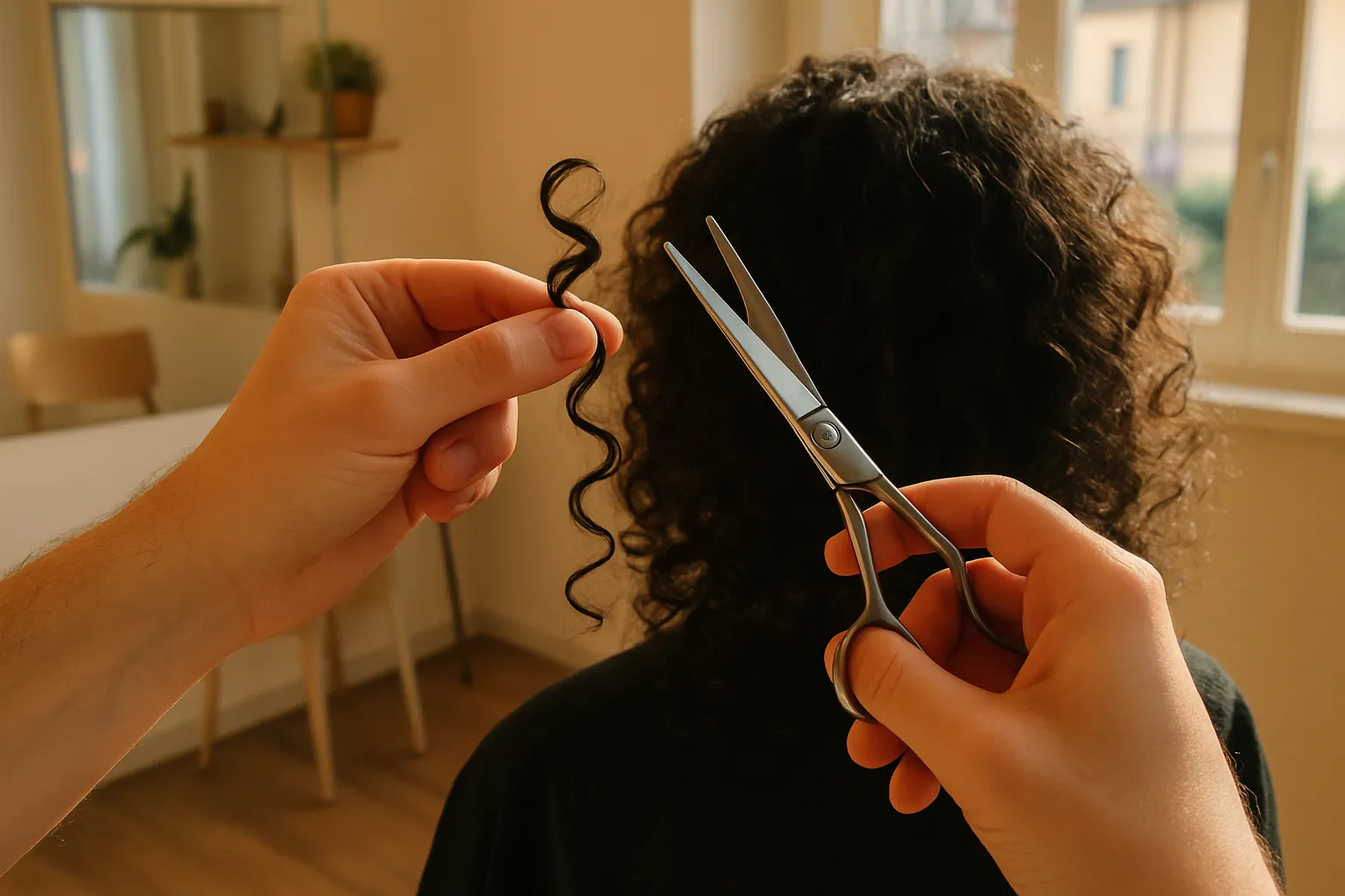 Le mani di Lucia tagliano con le forbici una ciocca di capelli ricci asciutti